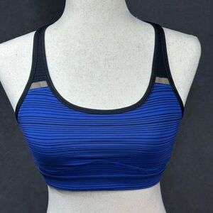 Lululemon Blue & Black Strappy Back Sport Bra Wireless Pullover Logo Sz Small